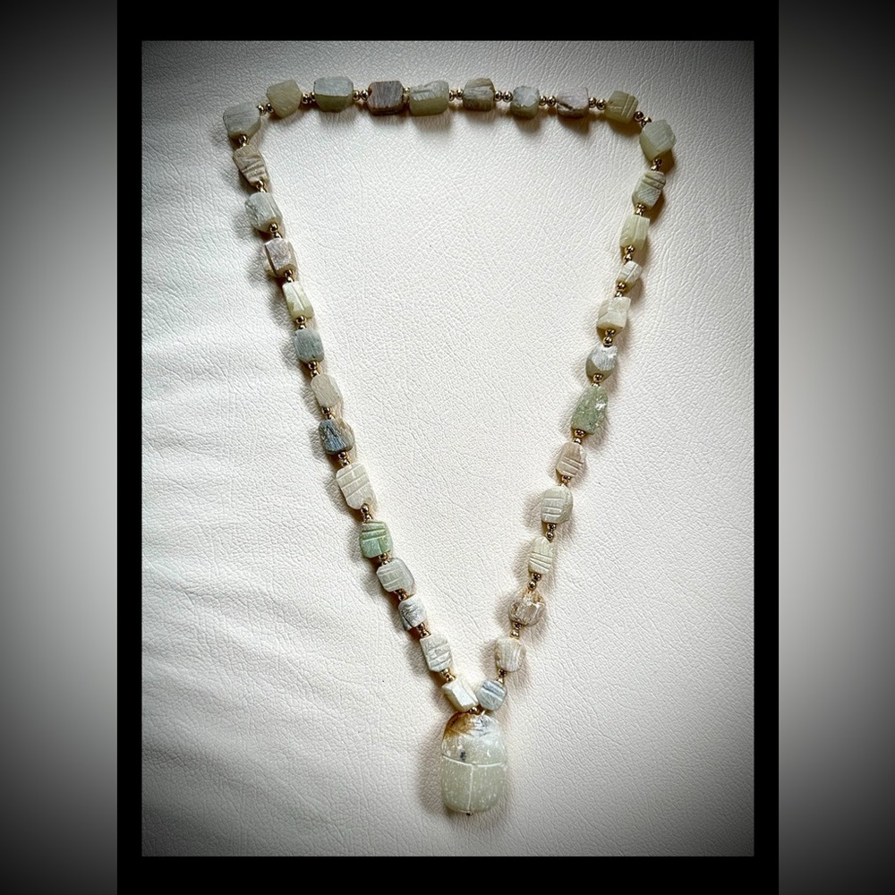 Vintage Scarab stone Necklace From Egyptian Revival Cream Glazed Carved 26”